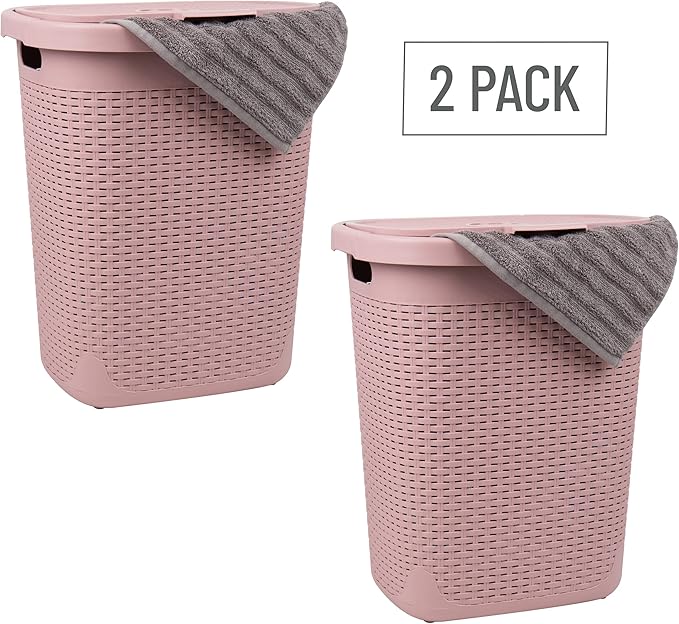 Mind Reader 50L Slim Laundry Hamper, Clothes Basket, Lid, Wicker Design, Plastic, 17.65"L x 13.75"W x 21"H, Set of 2, Pink