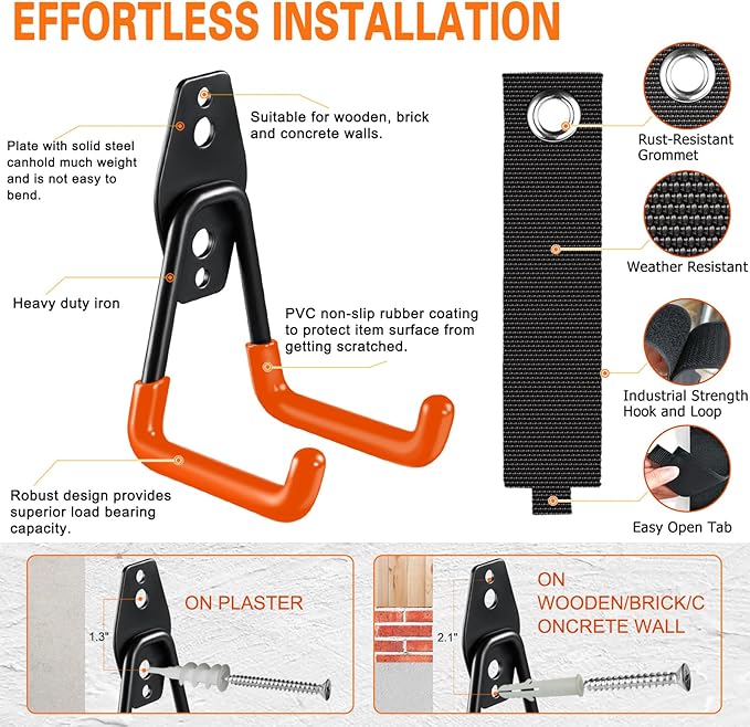 18 Pack Garage Hooks Heavy Duty Utility Steel with Anti-Slip Coating Wall Mount Storage Organizer for Hanging Power and Garden Tools, Ladders, Hose, Bikes, Ropes, Bulk Items, and More