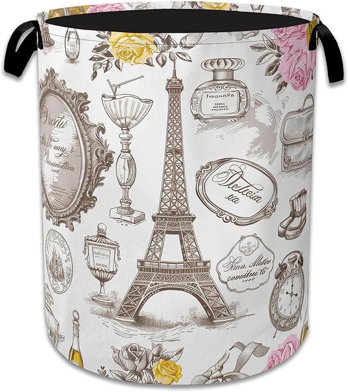 Eiffel Tower Roses Laundry Basket Collapsible Laundry Hamper with Handles, Waterproof Oxford Cloth Storage Bin for Bathroom/Bedroom/Dormitories 16 X 20.8 Inch