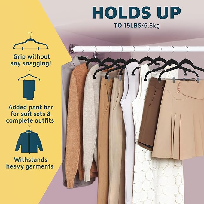 Lifemaster Velvet Skirt Hangers – with Adjustable Clips, 360 Degree Swivel Hook, and Non-Slip Shoulder Notch, Holds Up to 10 lbs, for Organizing Skirt, Pants, Dress, and Clothes, Pack of 10, Black