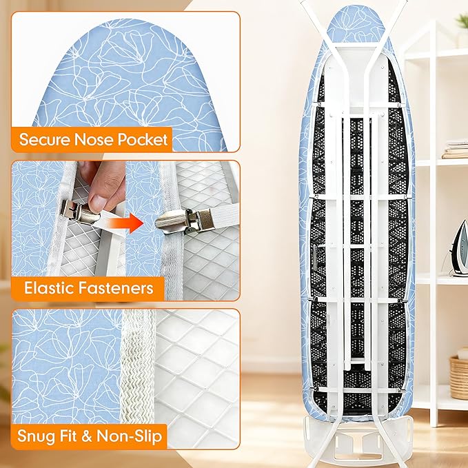 Ironing Board Cover and Pad, 15x54 Standard Size Thick Iron Padding, Scorch & Stain Resistant Ironing board cover, Heavy Duty Iron Board Padded with Adjustable Fasteners Durable Elastic Edge, Sky Blue
