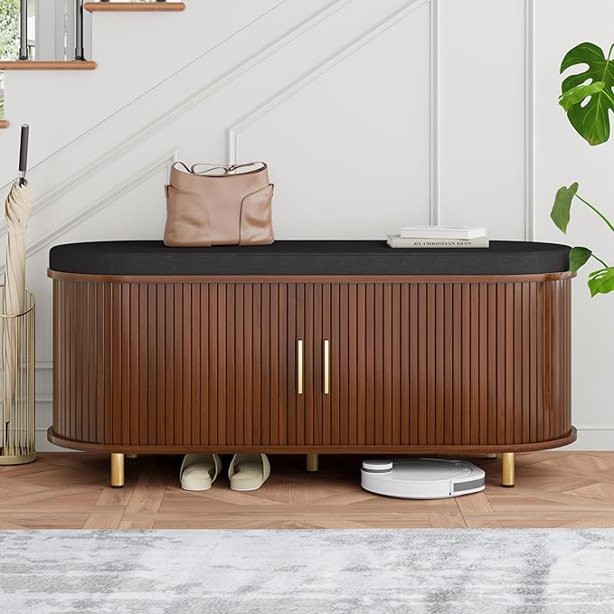 DHH 2-Tier Storage Bench, 43.3" Wide Shoe Bench with Thickened Padded Seat Cushion, Mid Century Modern Fluted Sliding Door and Adjustable Shelf, for Entryway, Living Room, Bedroom(Walnut)