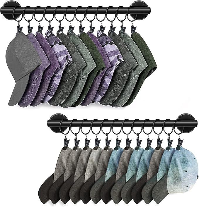 Lunies Hat Rack for Wall with 24 Hooks, Hat Organizer Holder for Baseball Caps, Cap Organizer Hanger, Hat Hanger for Closet, Black Hat Holder with Clips 2 Pack