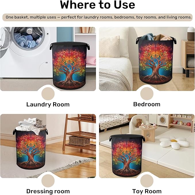 Life Color Tree Laundry Basket with Handles - Extra Large Foldable Hamper for Bathroom/Laundry/Bedroom/Dorm, Washable Fabric Storage Bin