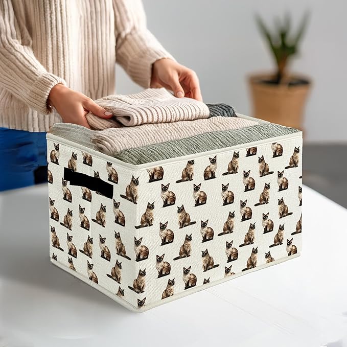 Siamese Cat Gifts Storage Bins & Boxes with Handles, Cat Mom Lovers Gifts Foldable Basket for Organizing, Gift for Pet Lovers Collapsible Storage Basket for Bedroom Bathroom Clothes Toys Books