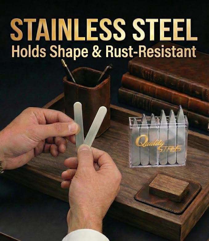 Quality Stays 52 Metal Collar Stays, Stainless Steel Dress Shirt Collar Inserts, 4 Sizes with Storage Case