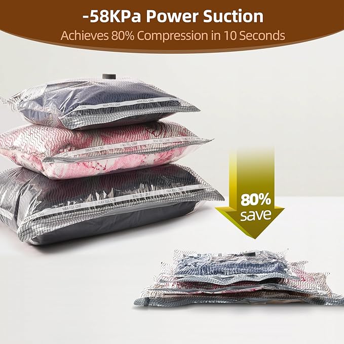 12 Pack Travel Vacuum Bags for Clothing,Compression Seal Packing Cubes for Luggage Suitcase Backpack,Carry-on Size Space Saver Storage Bags 80% Space Saver for travel,outdoor and home use.