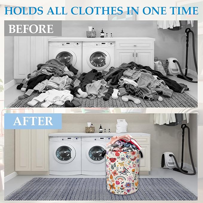 Colorful Butterfly Flowers Laundry Basket Collapsible Laundry Hamper Clothes Toy Storage Bin for Bathroom Bedroom Room Decor 16" X 20.8"