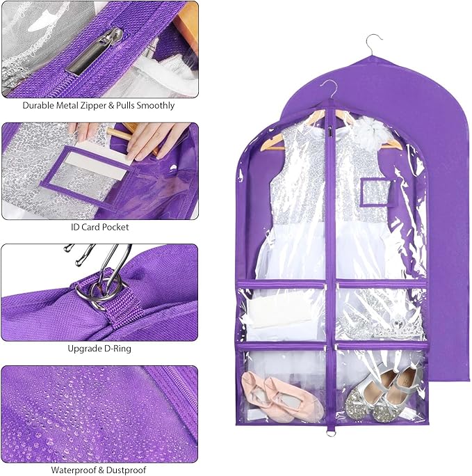Syeeiex 3" Gusseted Clear Dance Costume Garment Bag(5 Pack), 40'' Dance Garment Bags for Dancers with 4 Zipper Pockets & Can Hold 1-3 Dance Costumes - Suitable for Dance Competitions, Ballet(Purple)