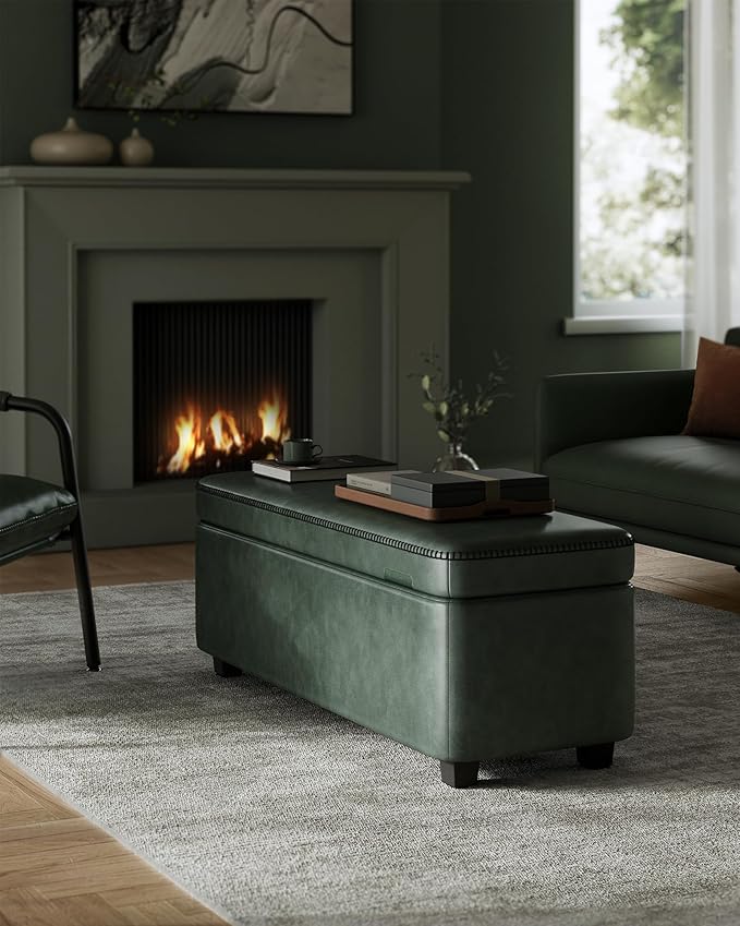 VASAGLE EKHO Collection - Storage Ottoman Bench, Entryway Bedroom Bench, 25 Gallons, Synthetic Leather with Stitching, Mid-Century Modern, Safety Hinges, Loads 660 lb, Forest Green ULOM075C01