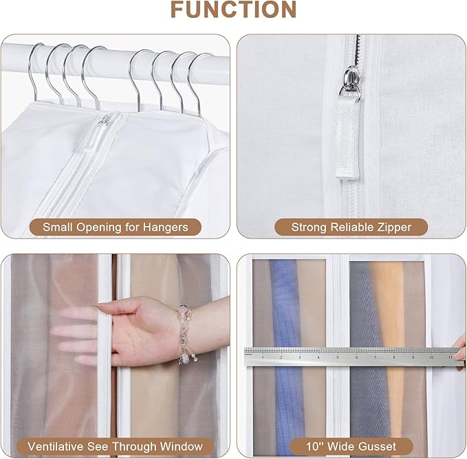 Kntiwiwo 50" Premium Cotton Garment Bag for Hanging Clothes, Breathable Suit Bags for Closet Storage with Extre Large 10" Gusseted & Clear Window, Dust Cover with Zipper for Suits, Coats, 3 Pack