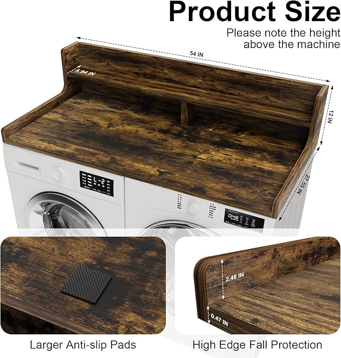 Washer Dryer Countertop, 54" x 27.55" 2-Tier Washer Dryer Topper with Edge, for Laundry Room Organization Rustic Brown