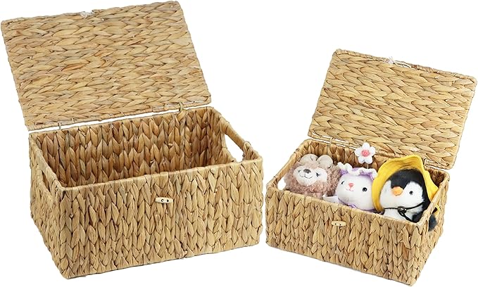 Set of 2 Wicker Basket with Lid, Rectangular Water Hyacinth Storage Baskets for Organizing, Decorative Woven Basket Bins Boxes for Organizing Home