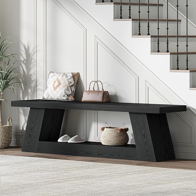 Tribesigns 63" Wooden Entryway Bench with Storage Shelf, Rustic Extra Long Bench, 2-Tier Narrow Hallway Seating Bench for Living Room, Bedroom, Kitchen(Black)