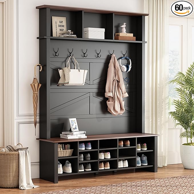 Versatile 4-in-1 Hall Tree with 6 Hooks, Practical Walnut Entryway Bench with Adjustable Shelves, Wood Coat Rack Shoe Cabinet with 16 Open Compartments for Entrance Hallway (Black-3.2)