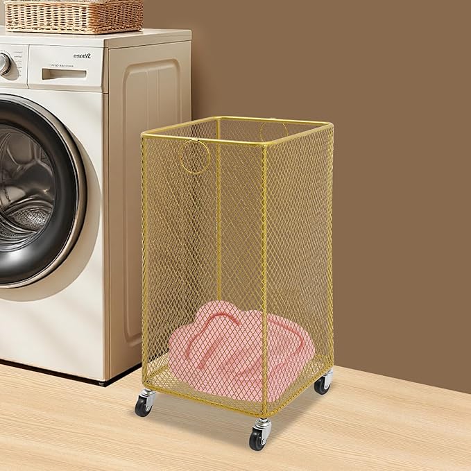 Wire Metal Rolling Laundry Basket On Wheels,Mesh Wire Laundry Basket Storage Cart for Bathroom Bedroom Dirty Clothes Storage (A)