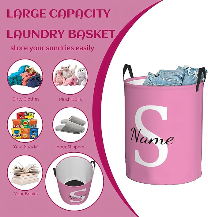Personalized Laundry Basket Custom Name Dirty Clothes Storage Basket with Handles, Customized Name Circular Foldable Hamper with Handles for Baby Boys Girls Men Women(S)