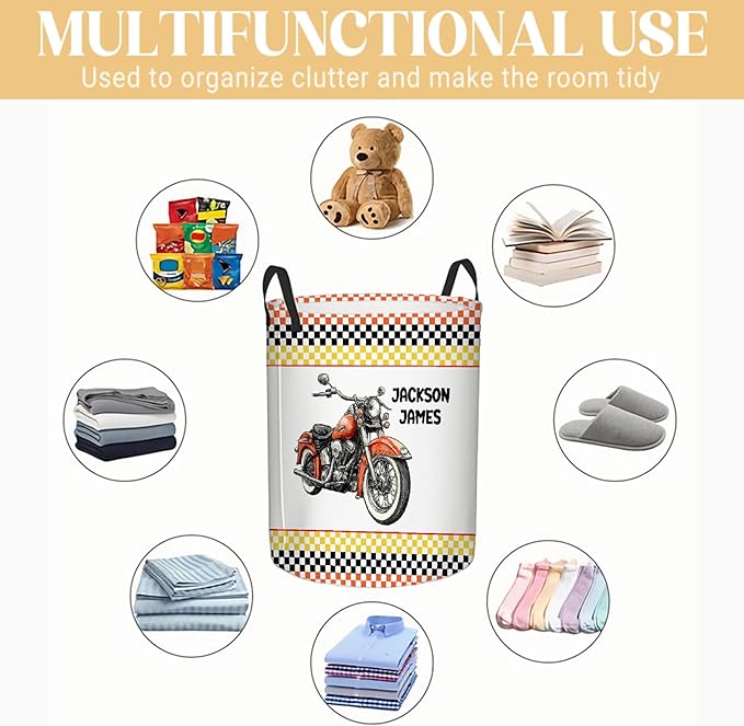 Personalized Motorcycle Laundry Basket, Custom Laundry Hamper With Name Gifts For Kids Baby Adults, Collapsible Dirty Clothes Storage Organizer With Handles S 16.5 X 13.8in