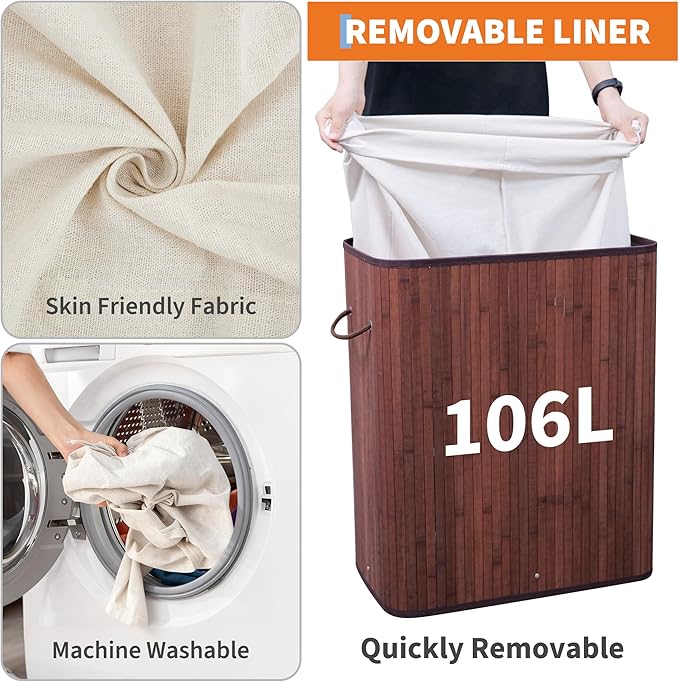 GarveeHome Folding Bamboo Laundry Hamper with Lid, 28 Gal /106L Wooden Laundry Basket with Washable Liner Bag, Slim Clothes Storage Hamper for Small Bedrooms Apartments Dorms, Brown