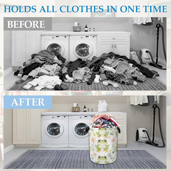 Cartoon Frog Flowers Laundry Hamper Collapsible Laundry Basket Portable Clothes Toy Storage Bin for Bathroom Bedroom Room Decor 16 X 20.8 Inch