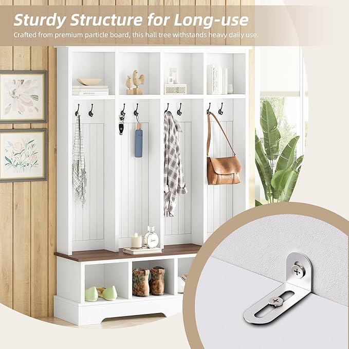 Farmhouse 59" Wide Hall Tree with 8 Hanging Hooks, Wood Grain Bench with Open Compartments, 76.7" H Entryway Shoe Rack Coat Hanger for Living Room Mudroom Hallway (White-8.26)