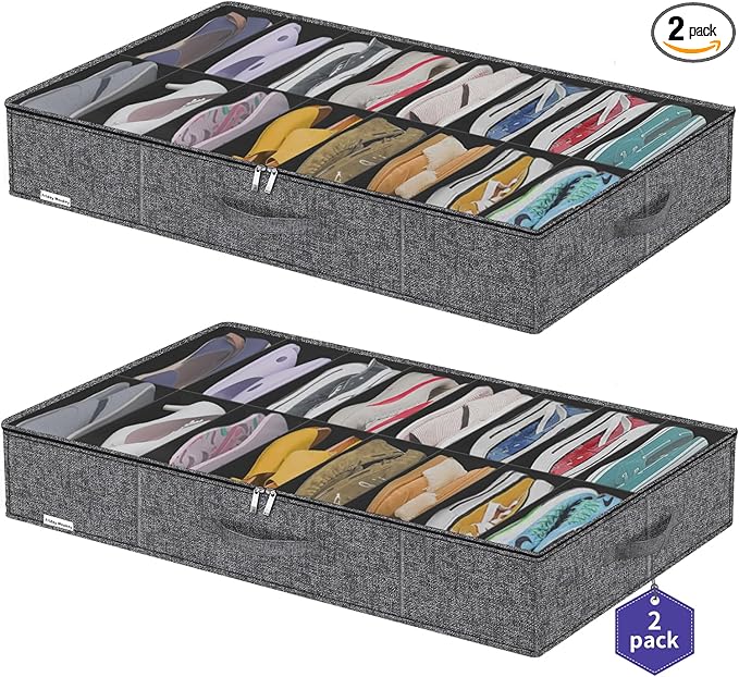 Sturdy Shoes Storage Organizers Boxes Fit 16x2 Pairs, Foldable Shoe Sneaker Container Bin Holder for Closet with Clear Cover, 37.8"x23.6"x5.9", Cotton-like Black, ZMXBUBS16P2