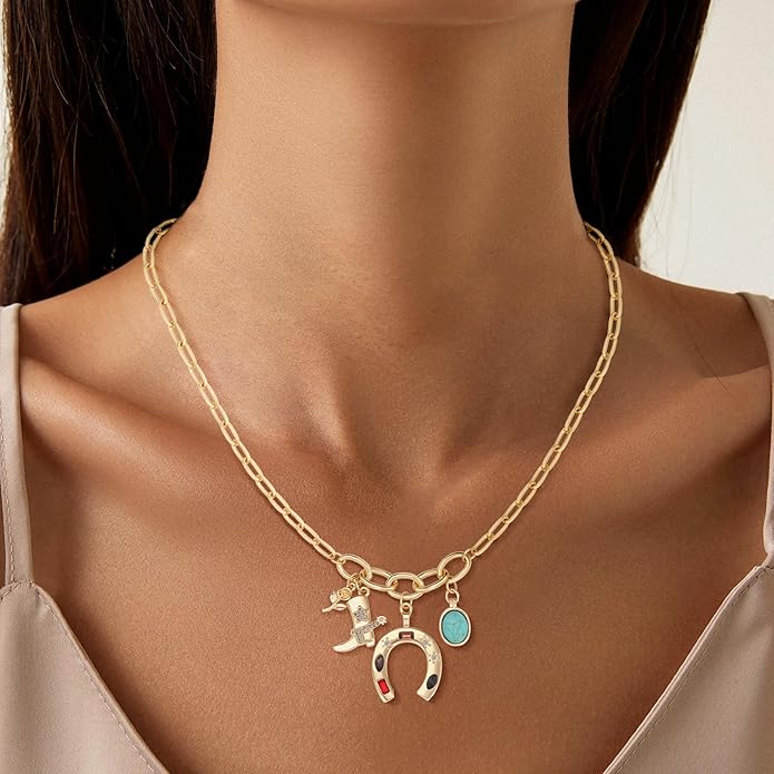 Chunky Gold Necklace for Women Gold Evil Eye Cowboy Pendant Necklace Dainty Paperclip Chain Vintage Luck Amulet Choker Necklaces Celestial Jewelry Gift