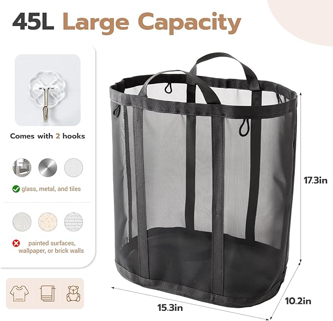 Mesh Laundry bag with Handles, 42L Collapsible Laundry Basket with 2 Hooks, Wall-Mounted Foldable Laundry Hamper Hanging for Bathroom, Dorm or Travel (Black, 2 Pack）