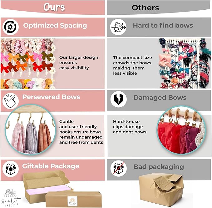 Headband Holder - Bow Holder for Baby Girl – Macrame Bow Organizer for Baby Girl w/ 48 Metal Hooks, 6 Slings & Wooden Bead – Space Saving Baby Bow Organizer – Ideal Baby Bow Holder for Expecting Moms