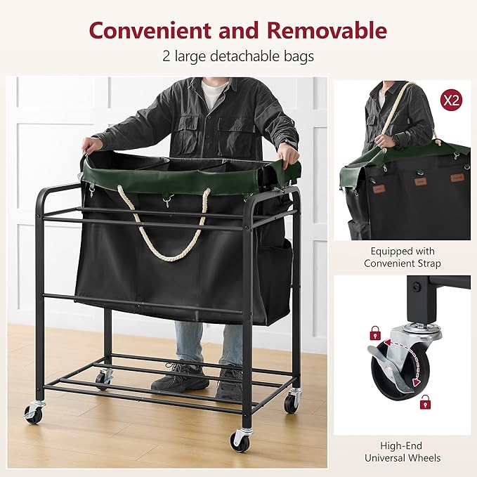 Tajsoon 295L Extra Large Laundry Sorter 6 Section, Heavy Duty Laundry Basket with Lockable Wheels, Laundry Cart with Sturdy Metal Frame, Leather Patchwork Laundry Separated with Removable Bags, Black