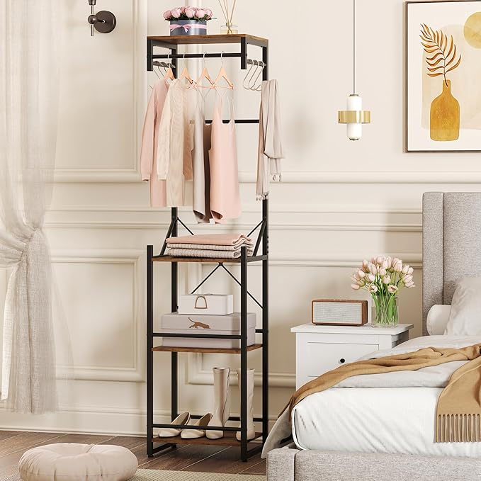 Tangkula Industrial Narrow Coat Rack Freestanding, Slim Hall Tree with 4 Storage Shelves, 6 Hooks & 3 Hanging Rods, Heavy-Duty Metal Clothes Rack Stand Organizer for Entryway, Hallway, Bedroom