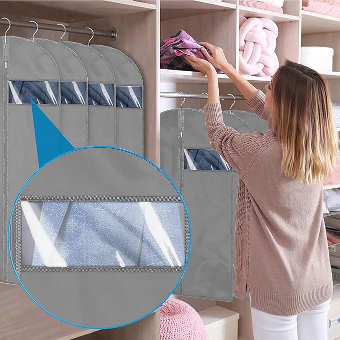 Garment Bag for Storage, Travel, and Dustproof, 40, 48, 60 inches Long, Washable Suit Cover for T-shirts, jackets, suits, and coats, non-woven (gray, 24" x 40"-1pcs)
