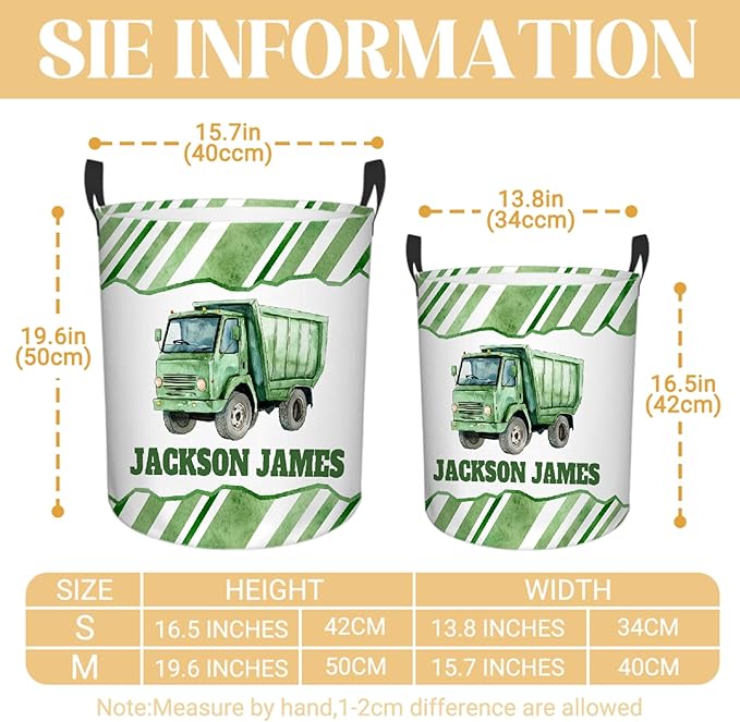 Personalized Garbage Truck Laundry Basket, Custom Laundry Hamper With Name Gifts For Kids Baby Adults, Collapsible Dirty Clothes Storage Organizer With Handles S 16.5 X 13.8in