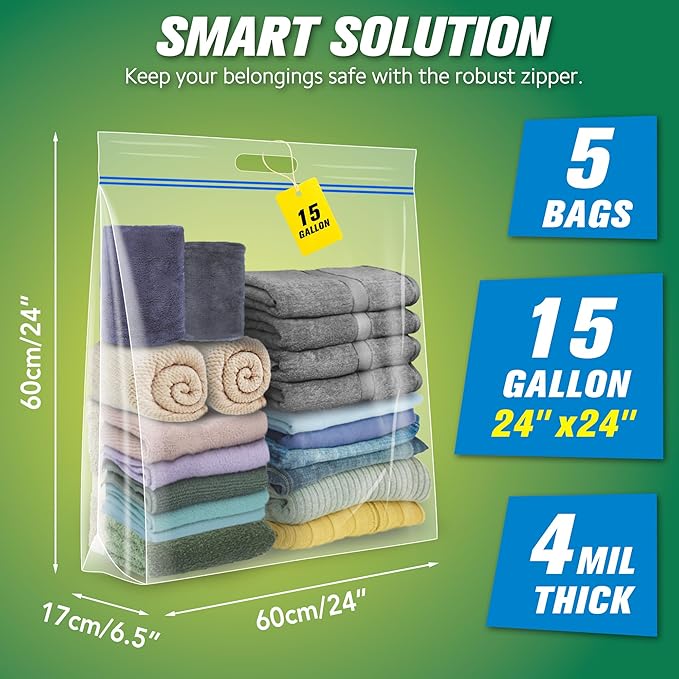 HIBAG 15 Gallon Large Storage Bags, 24” x 24” Resealable Clear Bags with Handle, Extra Large XL Heavy Duty for Clothes Pillow Travel Moving, Pack of 5