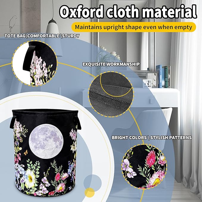 Full Moon Laundry Basket Colorful Flowers Foldable Oxford Cloth Funny Tote Bag Laundry Hamper Clothes Storage Bucket Toy Organizer For Bathroom/Laundry Storage/Bedroom 18.9x16.5 Inch
