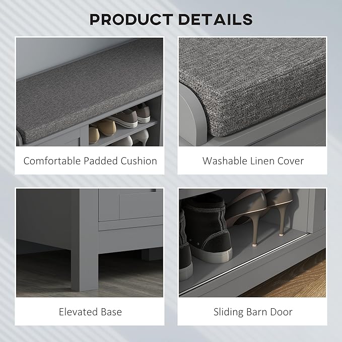 HOMCOM Entryway Shoe Bench Storage Ottoman with Sliding Doors, Adjustable Shelving, 6 Compartments, and Padded Seat, Holds 10 Pairs, Gray