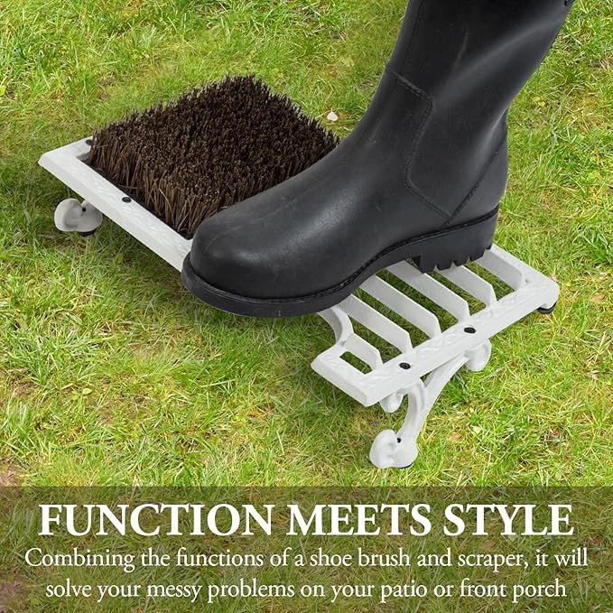 MyGift Boot Brush Scraper Outdoor, Heavy Duty Cast Iron Shoe Scraper Mat, Vintage Rustic Shoe Brush Angled Boot Dirt Cleaner Brush for Entryway, Porch, Mudroom or Garage (White)