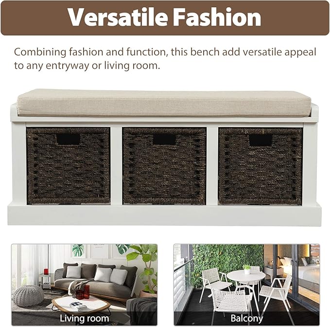 Merax Rustic Shoe Storage Bench with 3 Removable Rattan Basket Entryway Bench with Seat Cushion Multipurpose White