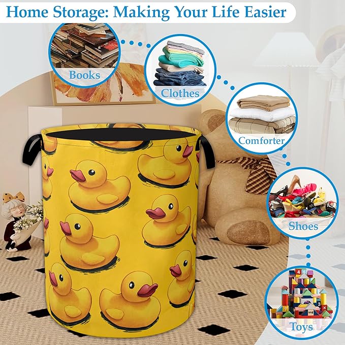 Cute Yellow Ducks Laundry Basket Collapsible Laundry Hamper Oxford Storage Bin for Clothes Storage, Toy Organizer, Books and Sundries 16" X 20.8"