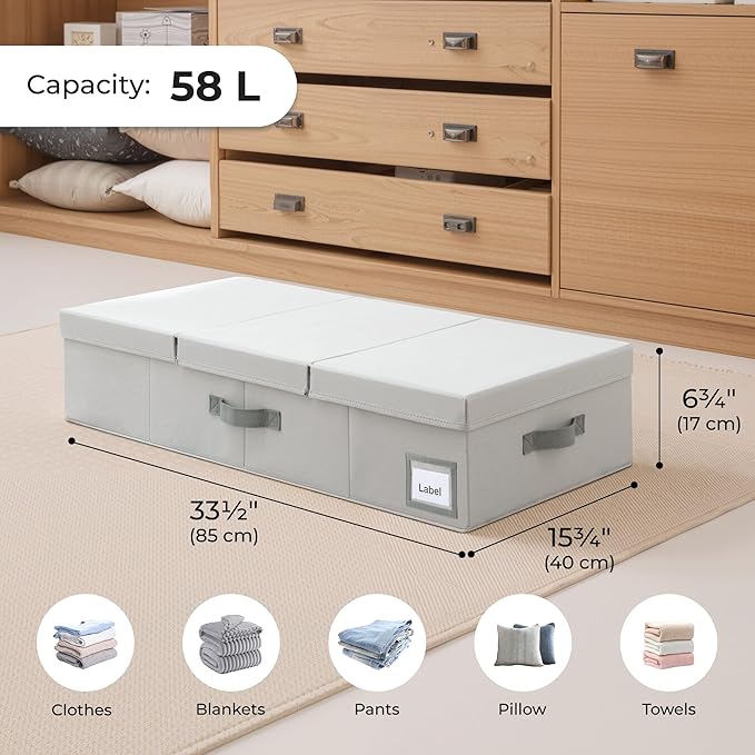 Cupic Cupid 6.5" Foldable Underbed Storage Box with Lid, 58L Standard Under Bed Storage Containers with Reinforced Bottom for Bedroom Closet Organization, Sturdy Clothes & Shoe Organizer,2 Pack,Grey