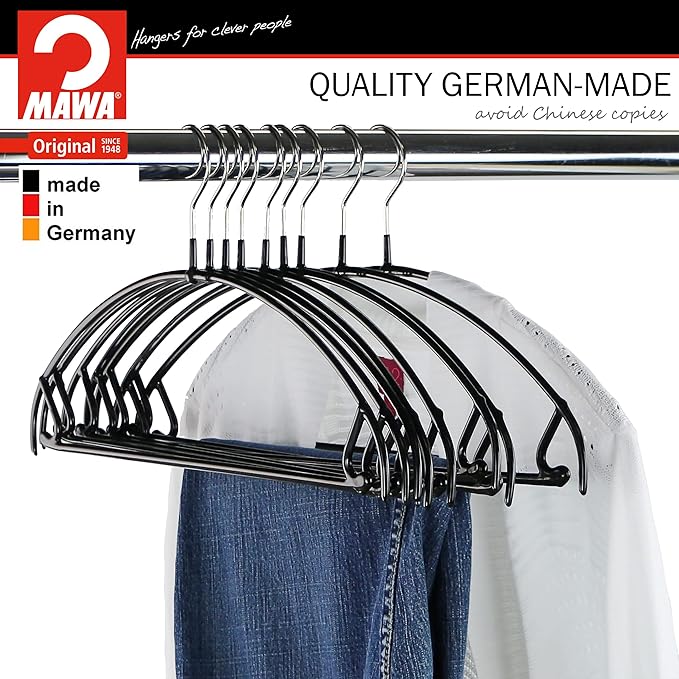Mawa by Reston Lloyd Euro Ultra Light/Thin Series, Non-Slip Space Saving Clothes Hanger with Bar & Hook for Pants and Skirts, Style 42/PTU, Set of 130, Black