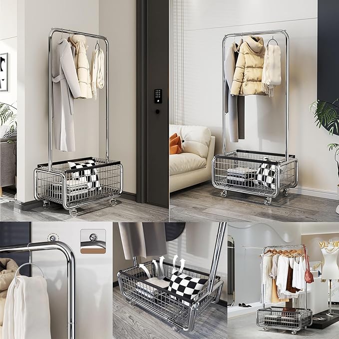 Freestanding Clothes Rack,Metal Coat Rack with Movable Storage Basket,360° Rolling Clothes Rack,Mobile Storage Coat Rack for Bedroom (Size : 100cm)