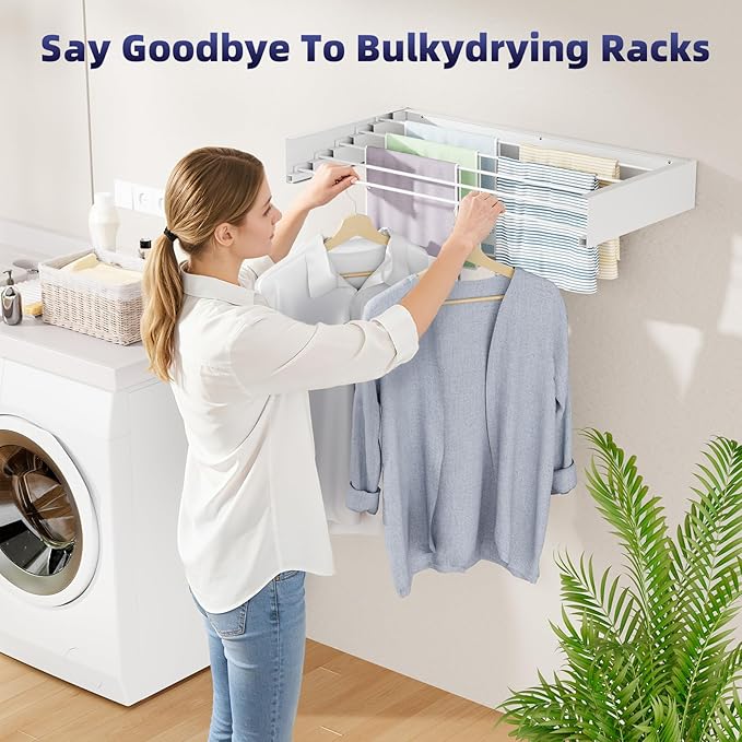Laundry Drying Rack - Collapsible Wall Mounted Rack, 23.6" Wide, 11.2 Linear Ft, 4 Aluminum Rods, 60 lb Capacity (White)