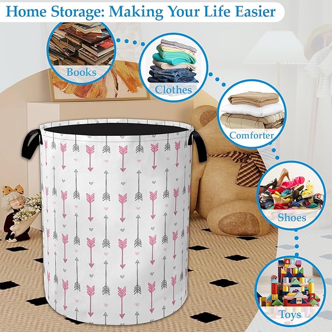 Pink Arrow Laundry Basket Collapsible Laundry Hamper with Handle, Oxford Clothes Toy Storage Bin for Bathroom Bedroom Room Decor, Gift Basket 16" X 20.8"