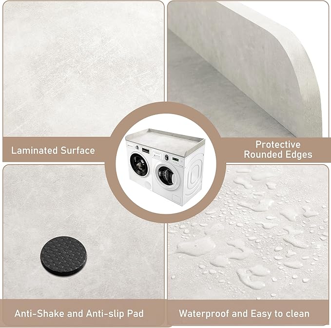 Washer Dryer Countertop with Non-Slip Pad, Wood Washer and Dryer Countertop with Edge Rails for Laundry Room Organization and Storage, 54" L x 27.5" W(Light Grey Marble)