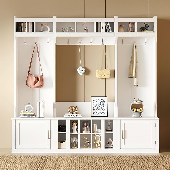 Modern Hall Tree with Storage and Bench, 4-IN-1 Multi-Functional Entryway Bench with Coat Rack and Shoe Cubbies, Practical Furniture for Mudrooms Organization Entryway Living Room (White-65f)