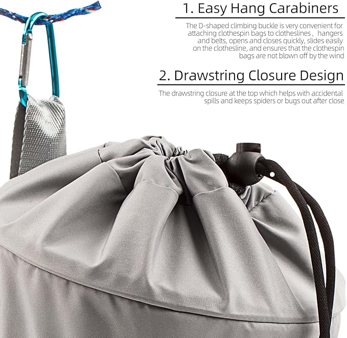 Clothespin Bag for Clothesline Outdoor, Clothes Pin Bag with Shoulder Straps, Drawstring Closure, Ventilated and Moisture Resistant, Large Capacity Laundry Clothespin Storage with Hook
