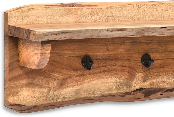 Alaterre Furniture Alpine Natural Live Edge Wood Coat Rack – 36" Solid Wood Wall-Mounted Coat Hook with Top Shelf & 4 Hooks – Modern Farmhouse Storage Organization for Entryway, Hallway, or Mudroom