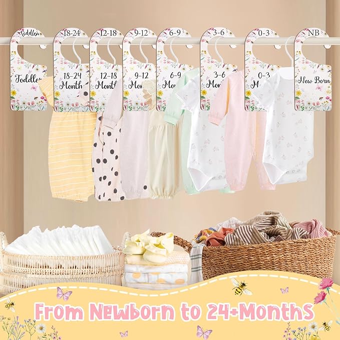 Baby Closet Dividers 8PCS, Wildflower/Floral Theme Wooden Double-Sided Clothes Size Hanger Organizer from Newborn to Toddler for Nursery Decor Baby Shower Birthday Gift