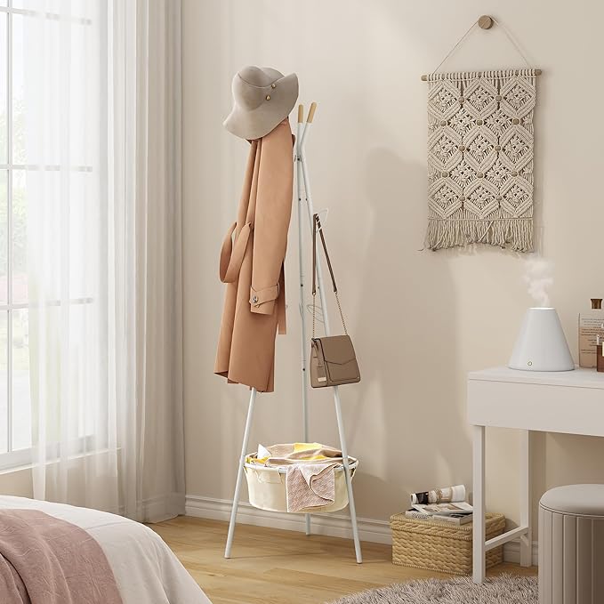Tajsoon Coat Rack Stand, Coat Tree with Storage Basket and 9 Hooks, Coat Rack Freestanding for Bedroom, Hallway, Office, Coat Hangers Stand for Clothes, Scarves, Hats, Bags, White